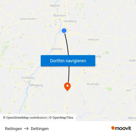 Reilingen to Dettingen map