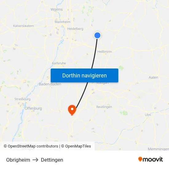 Obrigheim to Dettingen map