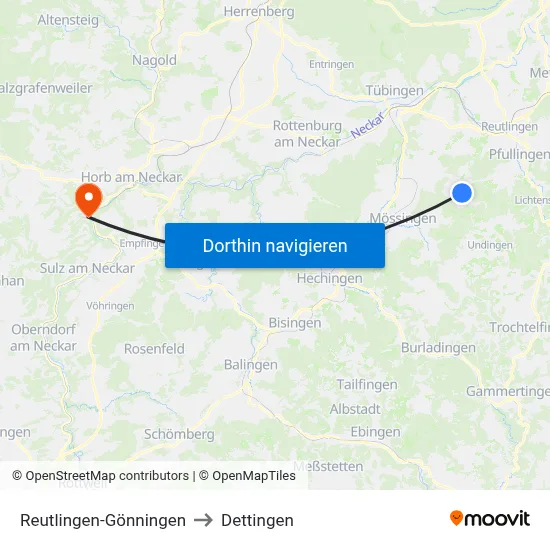 Reutlingen-Gönningen to Dettingen map