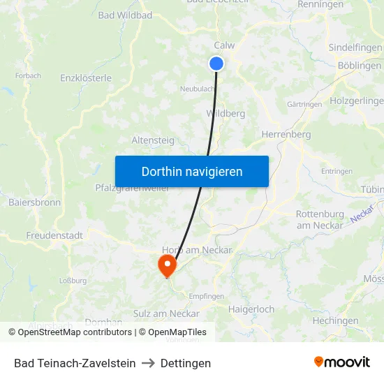 Bad Teinach-Zavelstein to Dettingen map