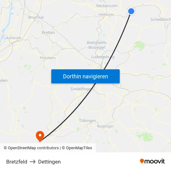 Bretzfeld to Dettingen map