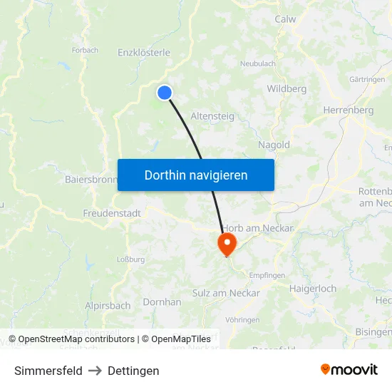 Simmersfeld to Dettingen map
