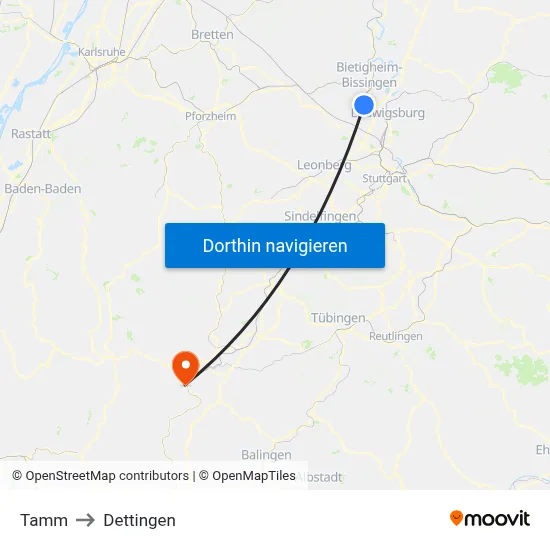 Tamm to Dettingen map