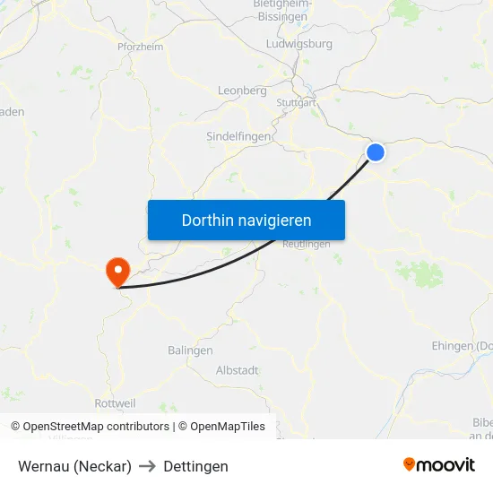 Wernau (Neckar) to Dettingen map