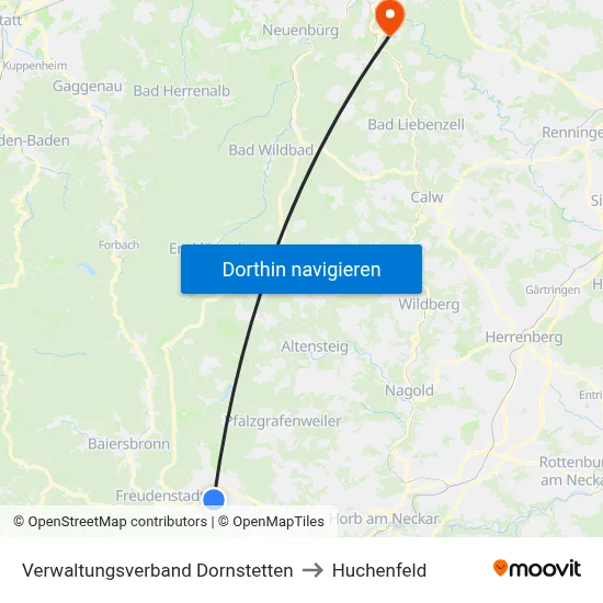 Verwaltungsverband Dornstetten to Huchenfeld map