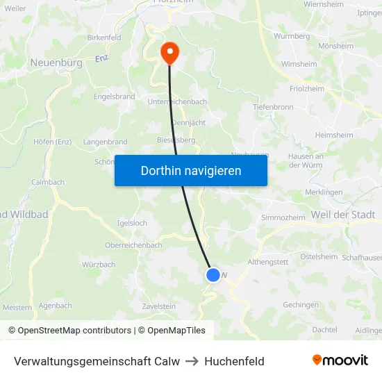 Verwaltungsgemeinschaft Calw to Huchenfeld map