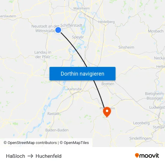 Haßloch to Huchenfeld map