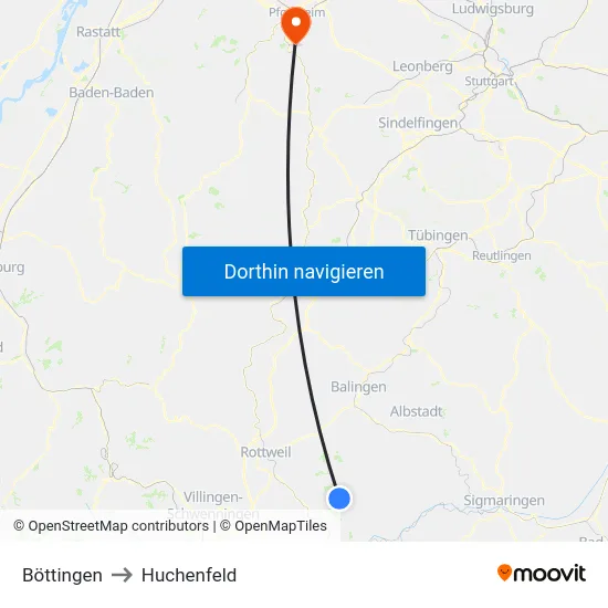 Böttingen to Huchenfeld map