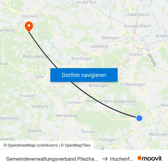 Gemeindeverwaltungsverband Pliezhausen to Huchenfeld map