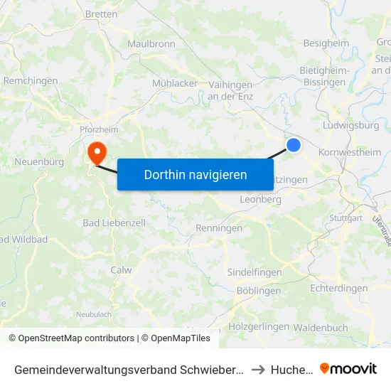 Gemeindeverwaltungsverband Schwieberdingen-Hemmingen to Huchenfeld map