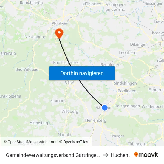 Gemeindeverwaltungsverband Gärtringen/Ehningen to Huchenfeld map