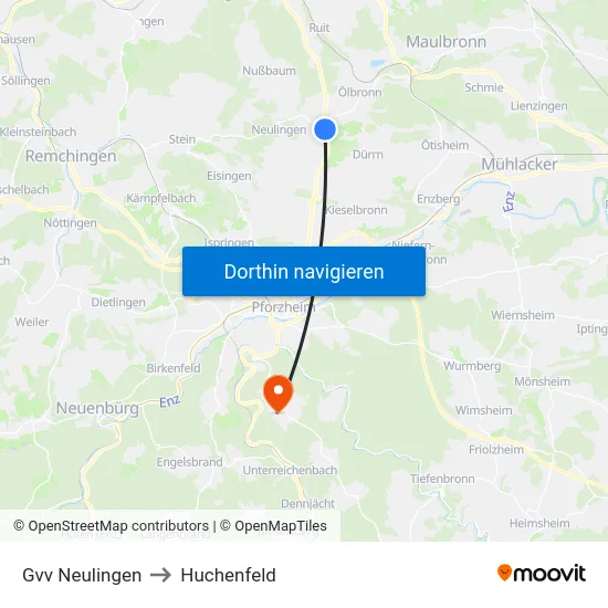 Gvv Neulingen to Huchenfeld map