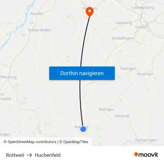 Rottweil to Huchenfeld map