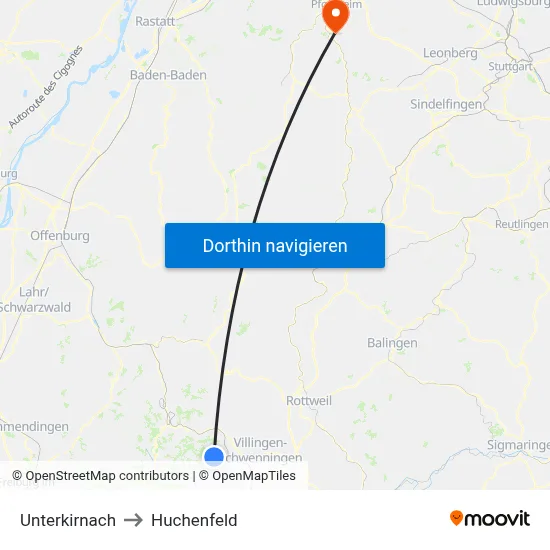 Unterkirnach to Huchenfeld map