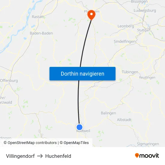 Villingendorf to Huchenfeld map