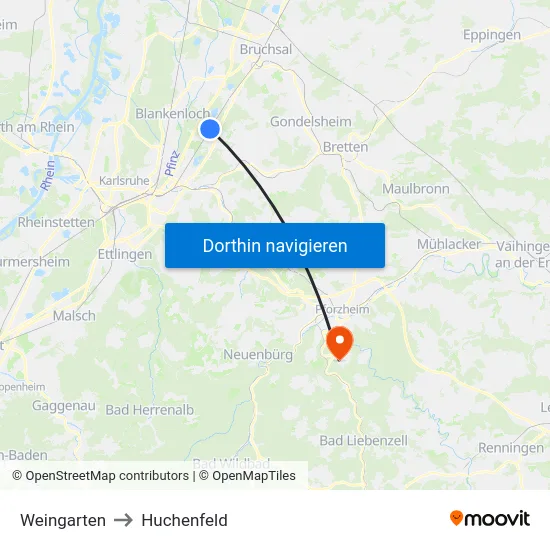 Weingarten to Huchenfeld map