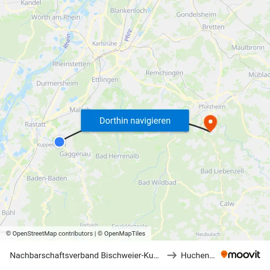 Nachbarschaftsverband Bischweier-Kuppenheim to Huchenfeld map