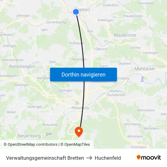 Verwaltungsgemeinschaft Bretten to Huchenfeld map