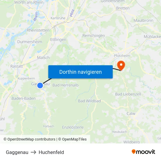 Gaggenau to Huchenfeld map