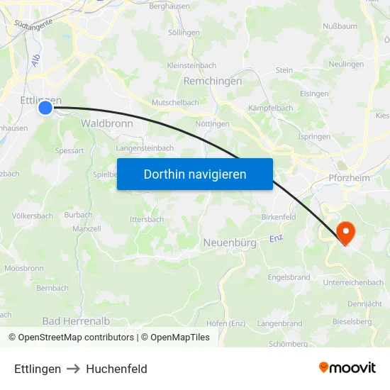 Ettlingen to Huchenfeld map