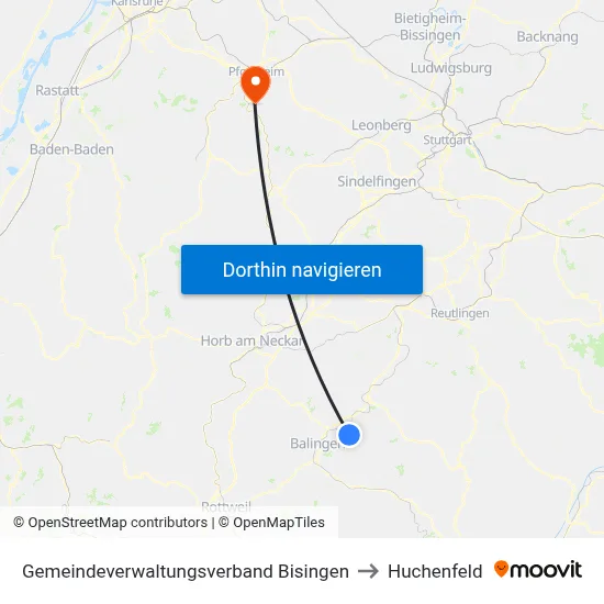 Gemeindeverwaltungsverband Bisingen to Huchenfeld map