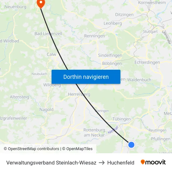 Verwaltungsverband Steinlach-Wiesaz to Huchenfeld map