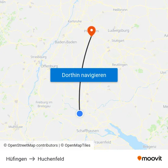 Hüfingen to Huchenfeld map