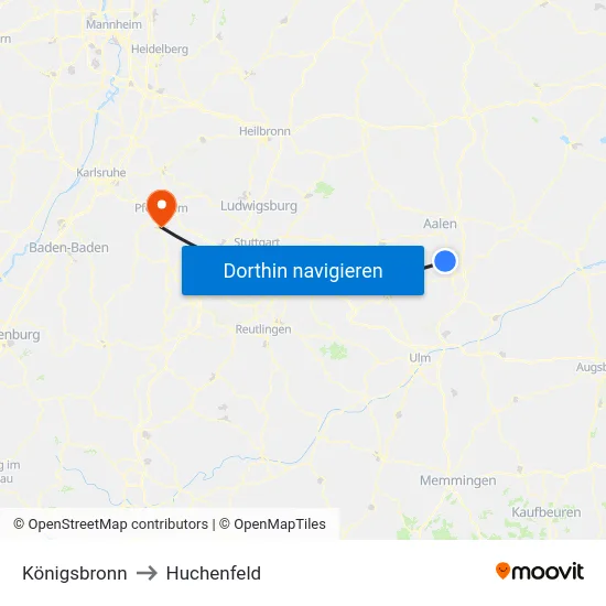Königsbronn to Huchenfeld map