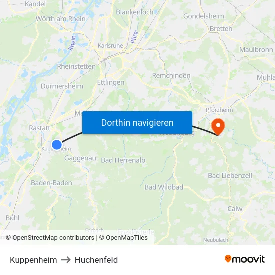 Kuppenheim to Huchenfeld map