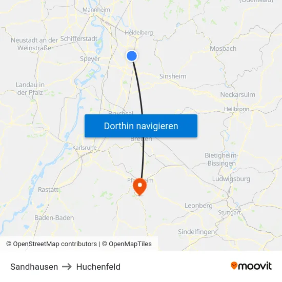 Sandhausen to Huchenfeld map