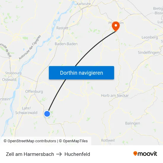 Zell am Harmersbach to Huchenfeld map
