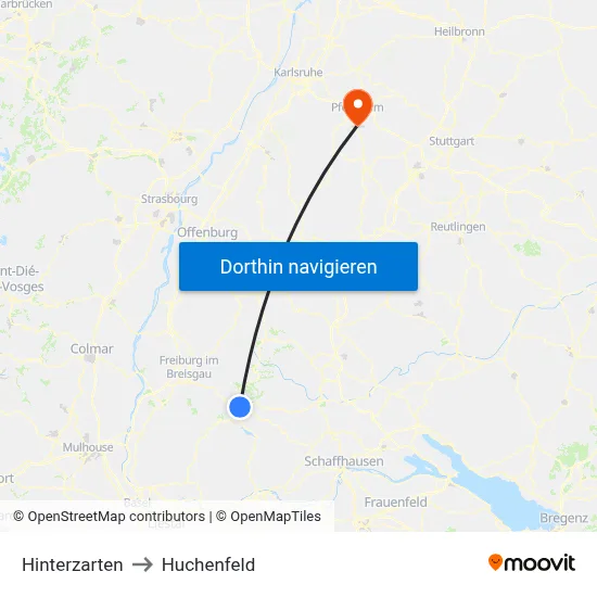 Hinterzarten to Huchenfeld map