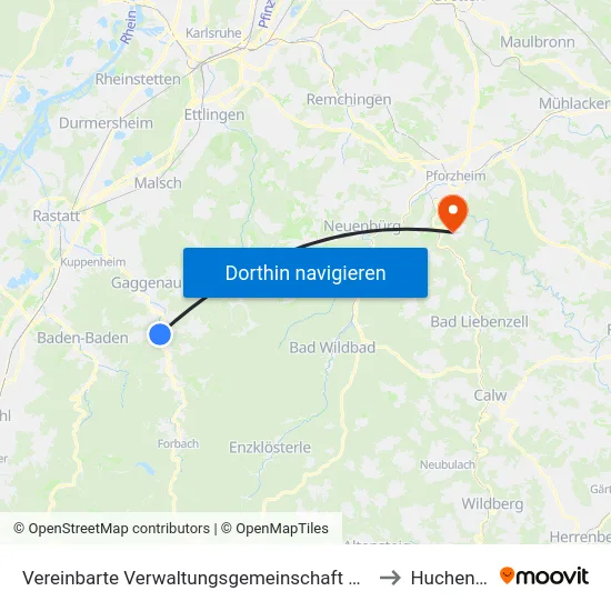 Vereinbarte Verwaltungsgemeinschaft Gernsbach to Huchenfeld map