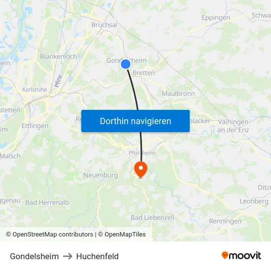 Gondelsheim to Huchenfeld map