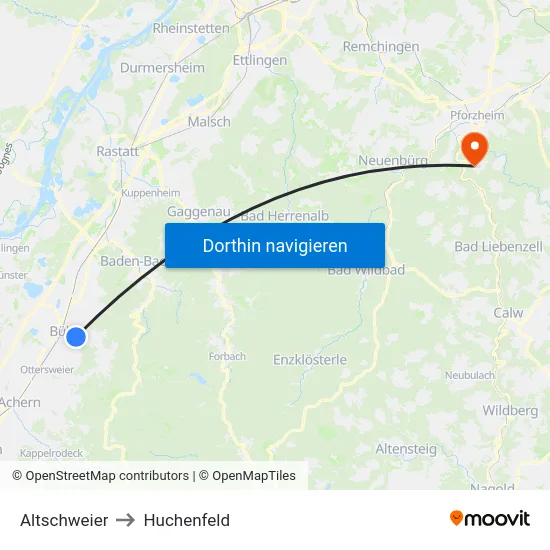 Altschweier to Huchenfeld map
