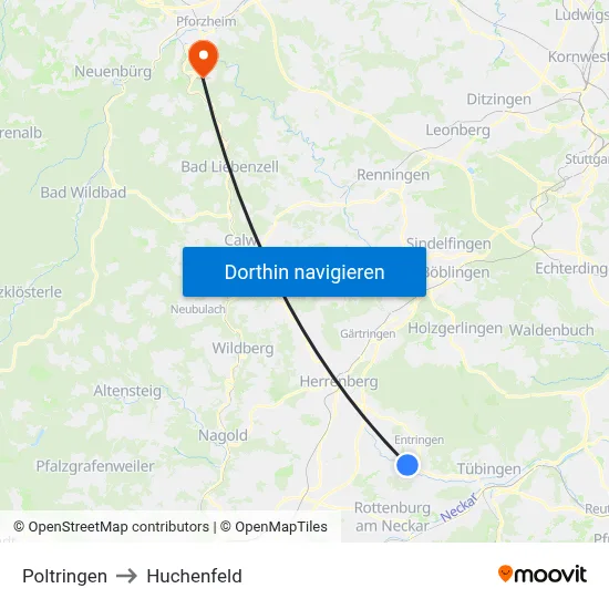 Poltringen to Huchenfeld map