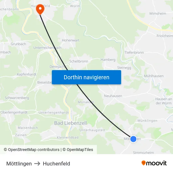 Möttlingen to Huchenfeld map