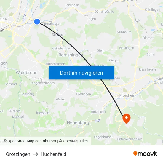 Grötzingen to Huchenfeld map