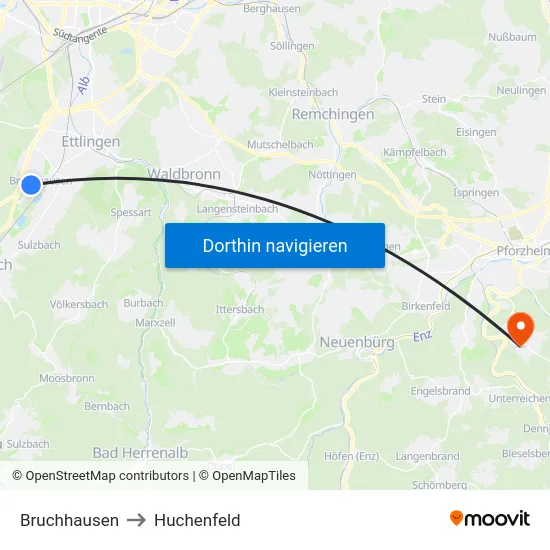 Bruchhausen to Huchenfeld map