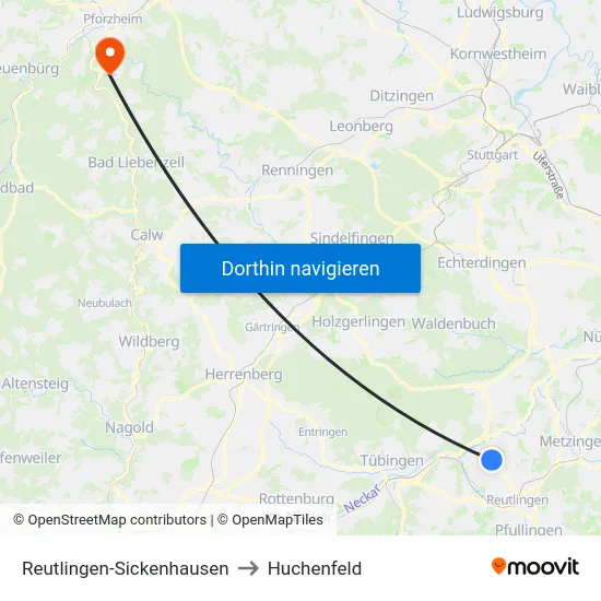 Reutlingen-Sickenhausen to Huchenfeld map