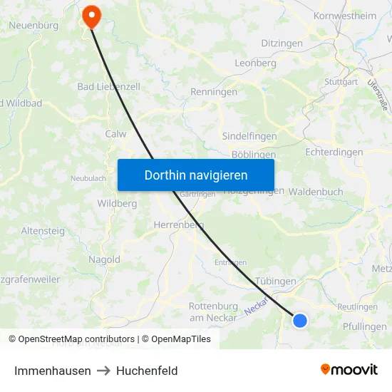 Immenhausen to Huchenfeld map