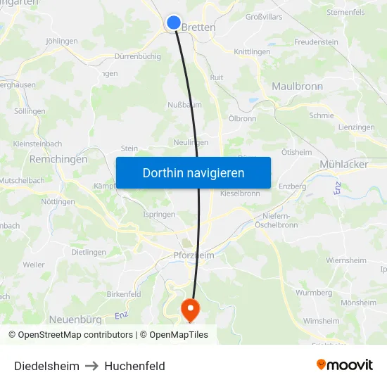 Diedelsheim to Huchenfeld map
