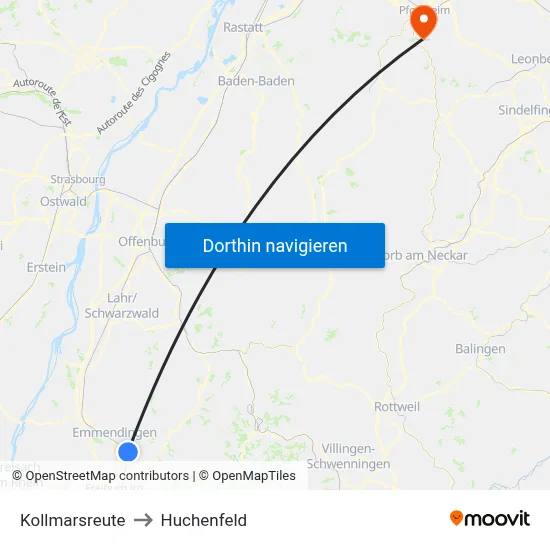 Kollmarsreute to Huchenfeld map
