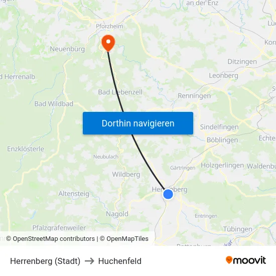 Herrenberg (Stadt) to Huchenfeld map