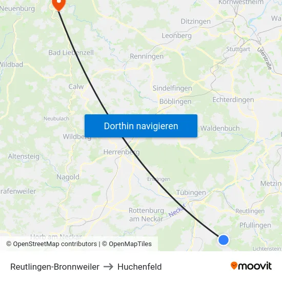 Reutlingen-Bronnweiler to Huchenfeld map