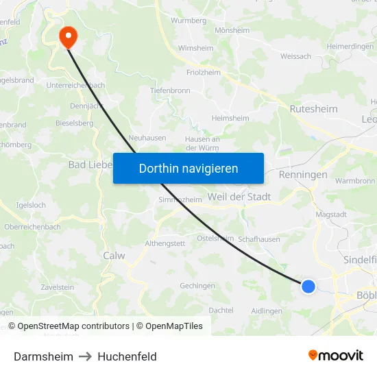 Darmsheim to Huchenfeld map