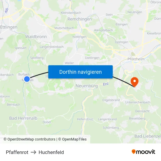 Pfaffenrot to Huchenfeld map