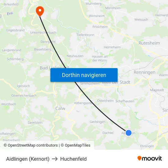 Aidlingen (Kernort) to Huchenfeld map
