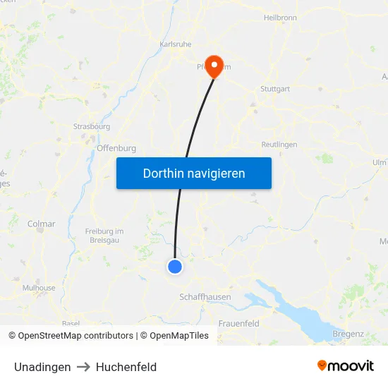 Unadingen to Huchenfeld map
