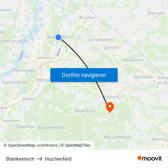 Blankenloch to Huchenfeld map